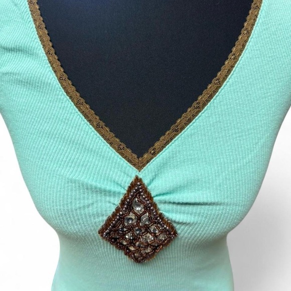 Y2K Fairy Beaded Tank Top Eyeshadow Ribbed Mint Green Lace Trim Cami Size M 00s - Picture 2 of 6
